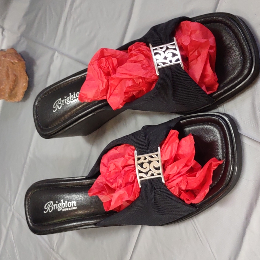 Brighton Isabel Black Wedge Slide Heels Sandal Size 9.5 ~ Like New, Hardly Worn.